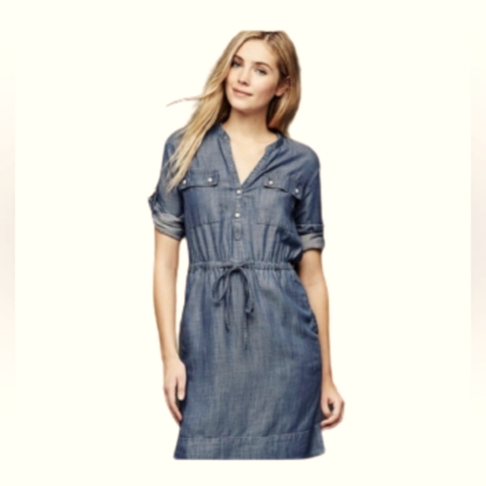 GAP Shirt Dress Pockets Chambray Utility Indigo Blue XS